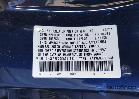 2014 Honda Accord Lx z USA, uszkodzony, nr VIN 1HGCR2F39EA301823